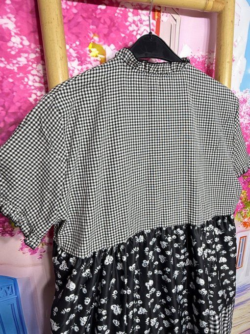 Robe trapèze volantée mi-longue Vichy noir et blanc Fleurs Liberty du 36 au 44/46