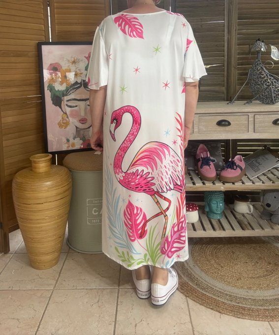 Robe longue satinée mat blanche Le Joli Flamant Rose du 38 au 48/50