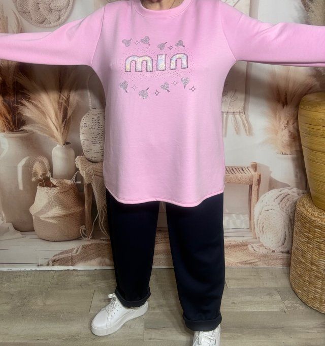 Sweat trapèze ample rose bébé Min dentelle arc-en-ciel et strass argentés du 38 au 48/50