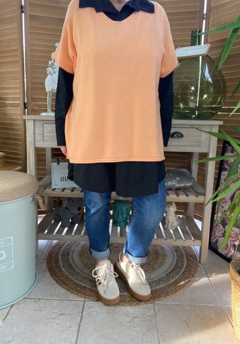 pull ample poncho Abricot col V douceur +++ du 40 au 50 et même +