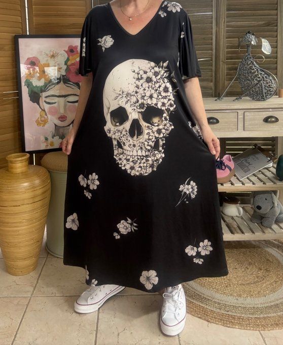 Robe longue satinée mat noire Mexican Skulls Calavera fleurie du 38 au 48/50 