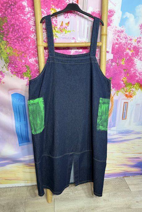 Robe Salopette longue jeans Fly Out Fleurs Strass Painting Vibes bretelles réglables du 36 au 46 