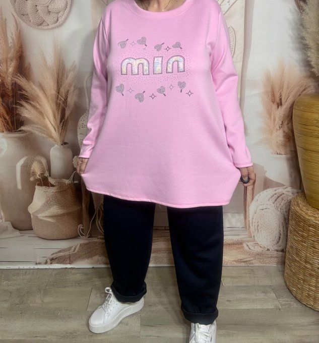 Sweat trapèze ample rose bébé Min dentelle arc-en-ciel et strass argentés du 38 au 48/50