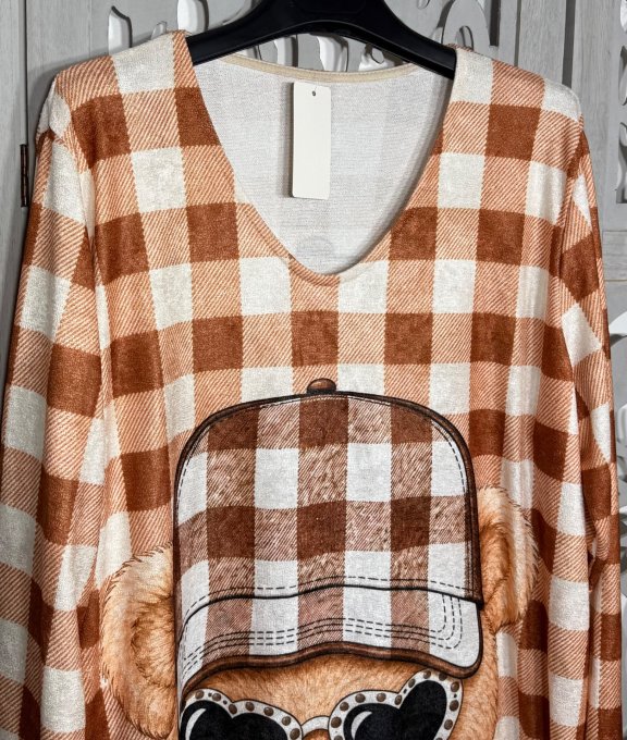 Tunique trapèze carreaux caramel toucher velours Ourson Teddy Bear douceur +++ du 40 au 54 