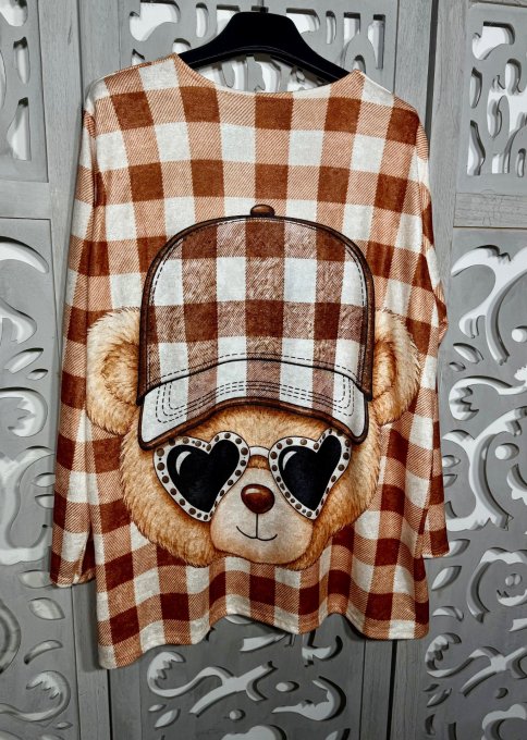 Tunique trapèze carreaux caramel toucher velours Ourson Teddy Bear douceur +++ du 40 au 54 