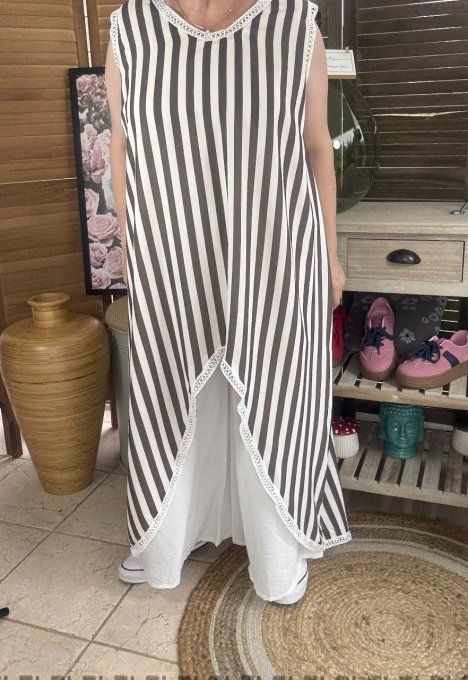 Maxi-tunique asymétrique rayée choco et crème du 40 au 48/50