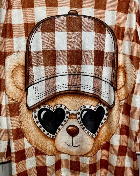 Tunique trapèze carreaux caramel toucher velours Ourson Teddy Bear douceur +++ du 40 au 54 