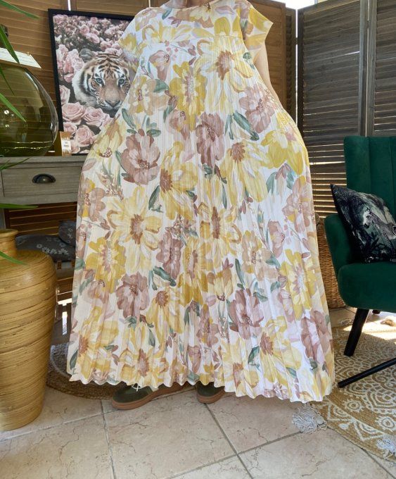 Robe ample longue plissée manches courtes Fleurs Printanières tons jaunes du 38 au 48/50