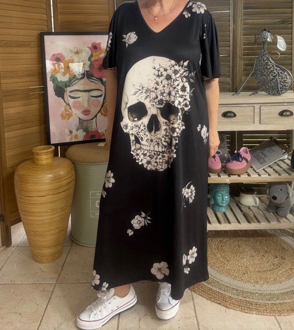 Robe longue satinée mat noire Mexican Skulls Calavera fleurie du 38 au 48/50 