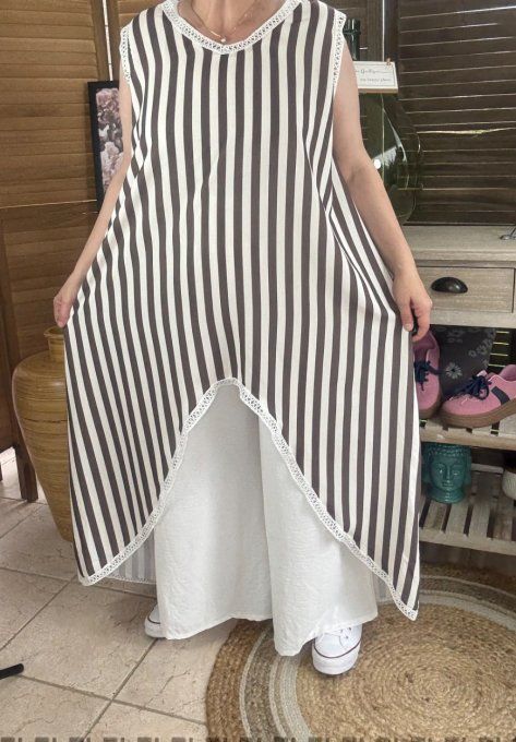 Maxi-tunique asymétrique rayée choco et crème du 40 au 48/50
