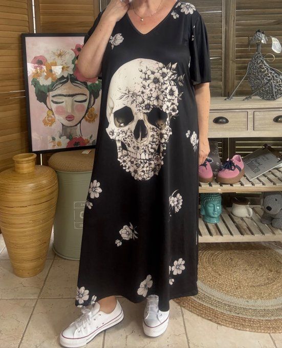 Robe longue satinée mat noire Mexican Skulls Calavera fleurie du 38 au 48/50 