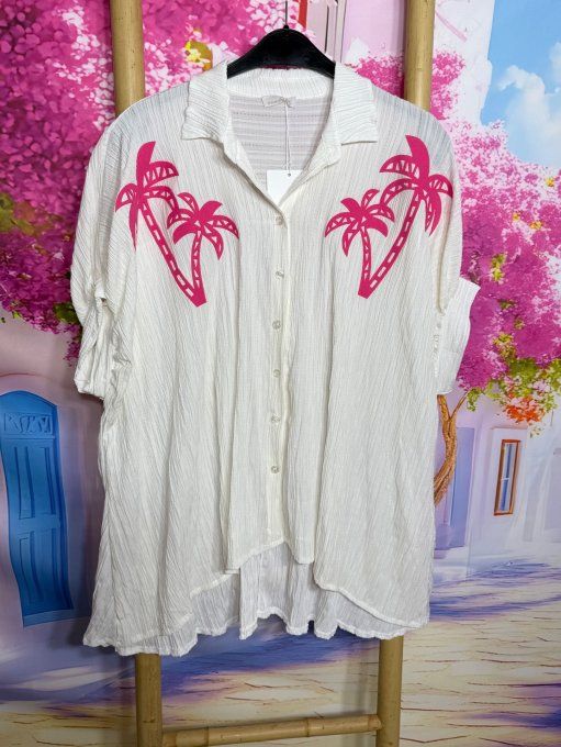 Chemise cannelée oversize asymétrique écrue Palmiers Fuschia du 42 au 54/56