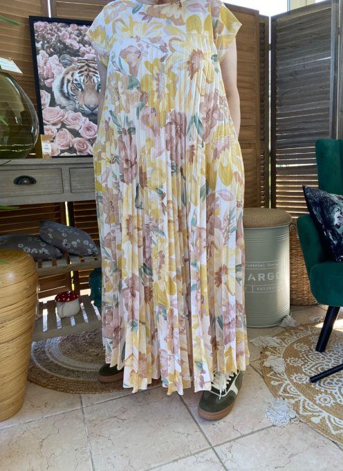 Robe ample longue plissée manches courtes Fleurs Printanières tons jaunes du 38 au 48/50