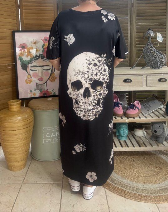 Robe longue satinée mat noire Mexican Skulls Calavera fleurie du 38 au 48/50 