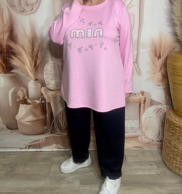 Sweat trapèze ample rose bébé Min dentelle arc-en-ciel et strass argentés du 38 au 48/50