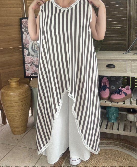 Maxi-tunique asymétrique rayée choco et crème du 40 au 48/50