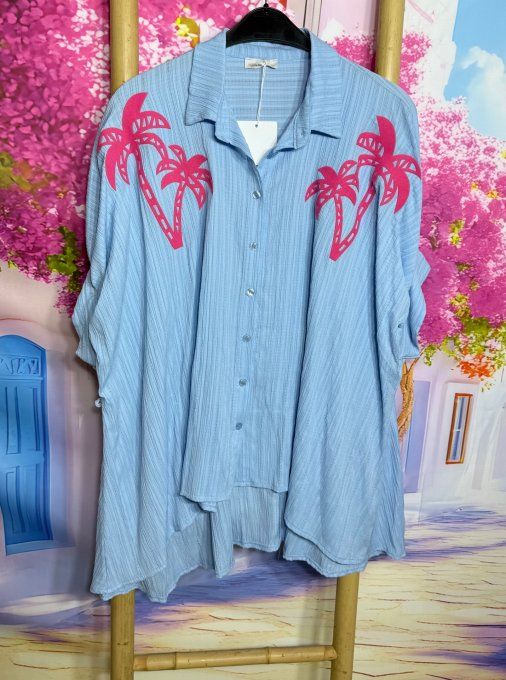 Chemise cannelée oversize asymétrique bleu pastel Palmiers Fuschia du 42 au 54/56 