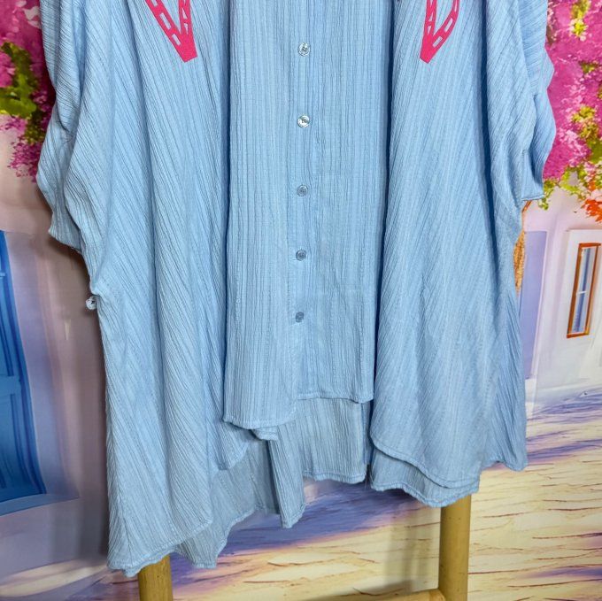 Chemise cannelée oversize asymétrique bleu pastel Palmiers Fuschia du 42 au 54/56 