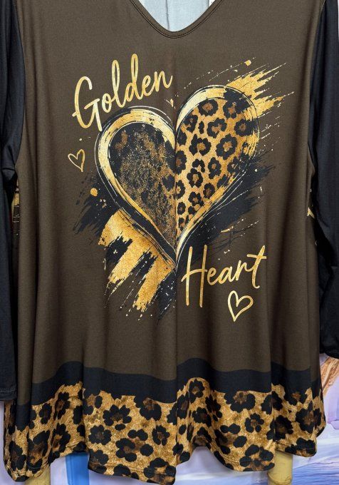 Tee-shirt Tunique trapèze col V Chocolat noir Coeur Léopard douceur +++ du 40 au 54/56 