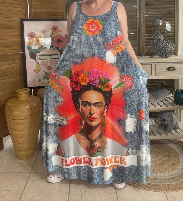 Robe trapèze longue à bretelles effet jeans Frida Kahlo du 40 au au 52 