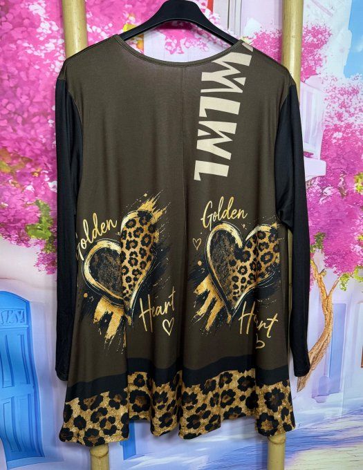Tee-shirt Tunique trapèze col V Chocolat noir Coeur Léopard douceur +++ du 40 au 54/56 