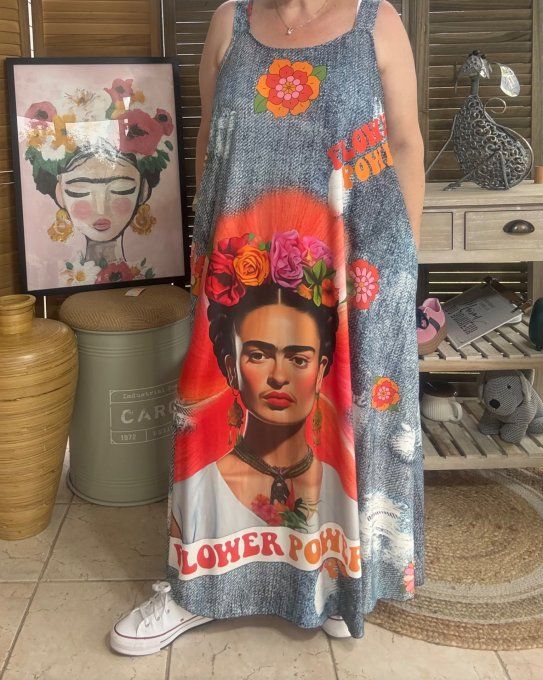 Robe trapèze longue à bretelles effet jeans Frida Kahlo du 40 au au 52 
