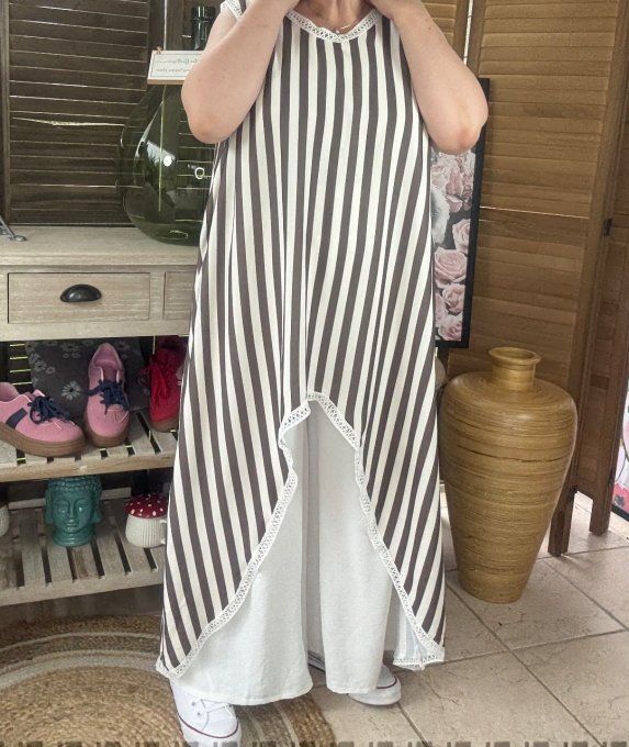 Maxi-tunique asymétrique rayée choco et crème du 40 au 48/50