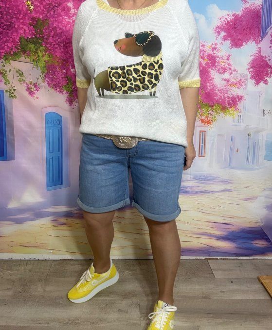 Pull fin SANS LAINE blanc & jaune clair L'Adorable Teckel Léopard du 40 au 50/52 