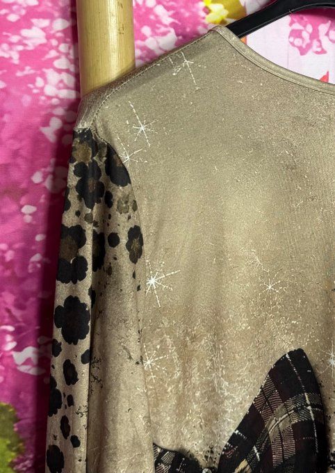 Tee-shirt Tunique trapèze col V Taupe marbré Léopard Ourson Teddy Bear douceur +++ du 40 au 54/56