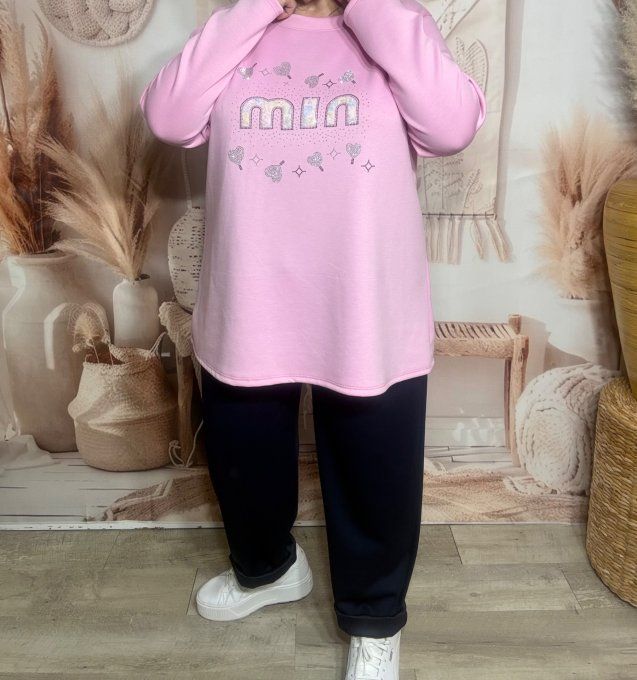 Sweat trapèze ample rose bébé Min dentelle arc-en-ciel et strass argentés du 38 au 48/50