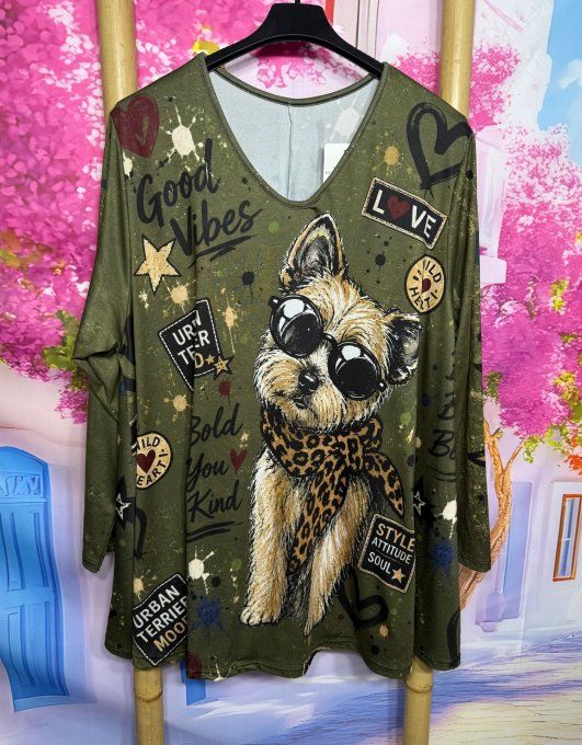 Tee-shirt Tunique trapèze col V Kaki marbré Petit Chien Terrier douceur +++ du 40 au 54/56