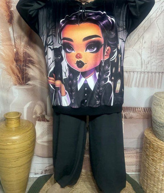 Survêtement ou Ensemble détente velours noir Mercredi Famille Adams et chat noir du 38 au 52/54 