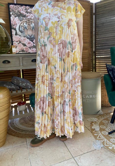 Robe ample longue plissée manches courtes Fleurs Printanières tons jaunes du 38 au 48/50