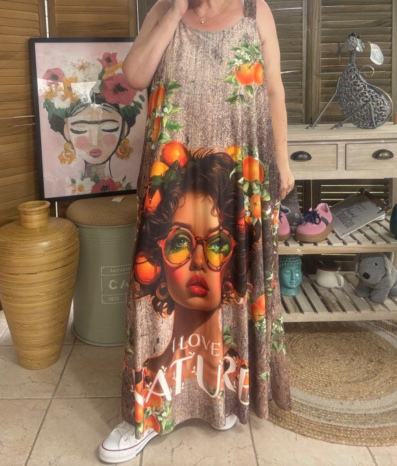 Robe trapèze longue à bretelles boisé marron La Jeune Fille aux oranges du 40 au au 52