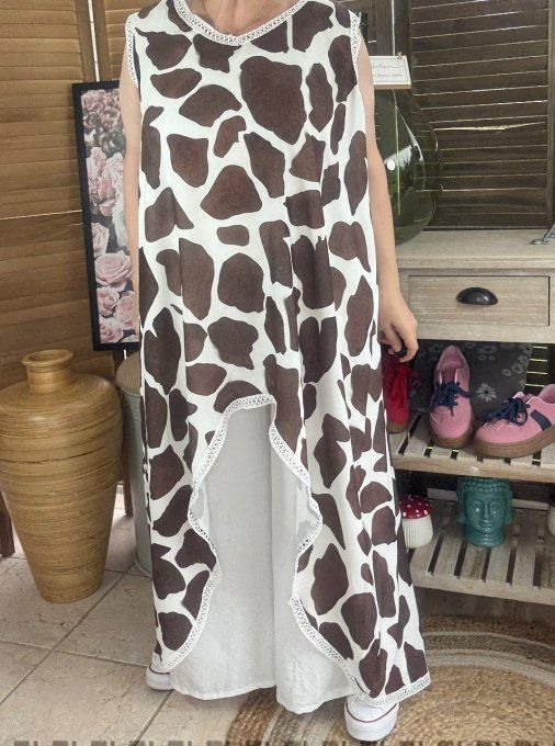 Maxi-tunique asymétrique imprimée cow choco et crème du 40 au 48/50 
