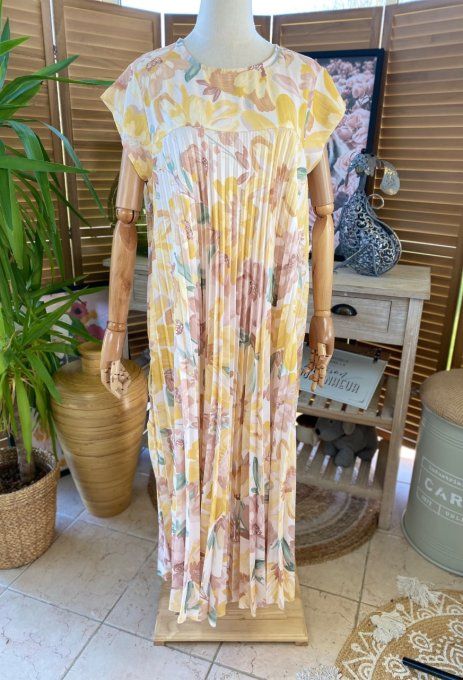 Robe ample longue plissée manches courtes Fleurs Printanières tons jaunes du 38 au 48/50