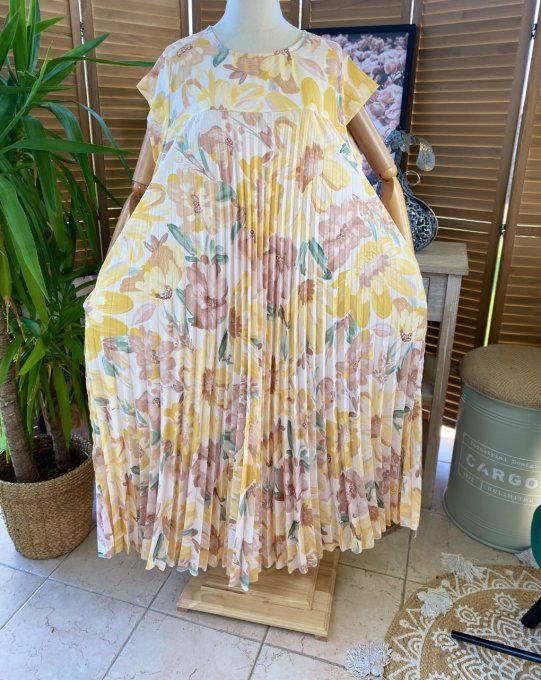 Robe ample longue plissée manches courtes Fleurs Printanières tons jaunes du 38 au 48/50