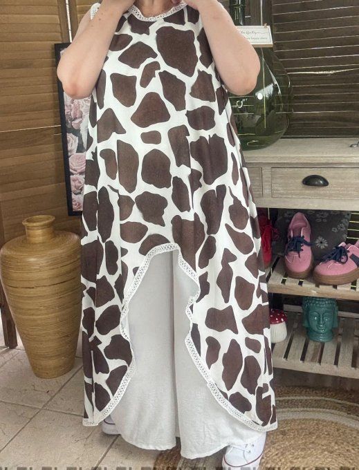 Maxi-tunique asymétrique imprimée cow choco et crème du 40 au 48/50 