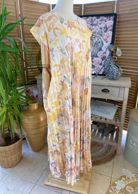 Robe ample longue plissée manches courtes Fleurs Printanières tons jaunes du 38 au 48/50