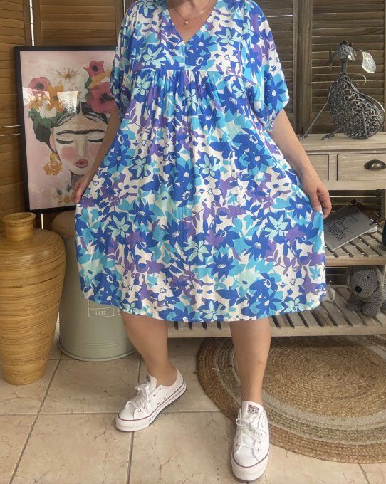 Robe courte trapèze fleurs camaïeu de bleus et violets du 38 au 48  