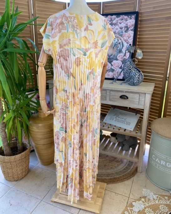 Robe ample longue plissée manches courtes Fleurs Printanières tons jaunes du 38 au 48/50