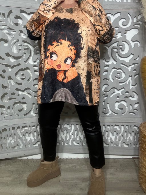 Tunique trapèze beige toucher velours Betty Boop Pin Up douceur +++ du 40 au 54