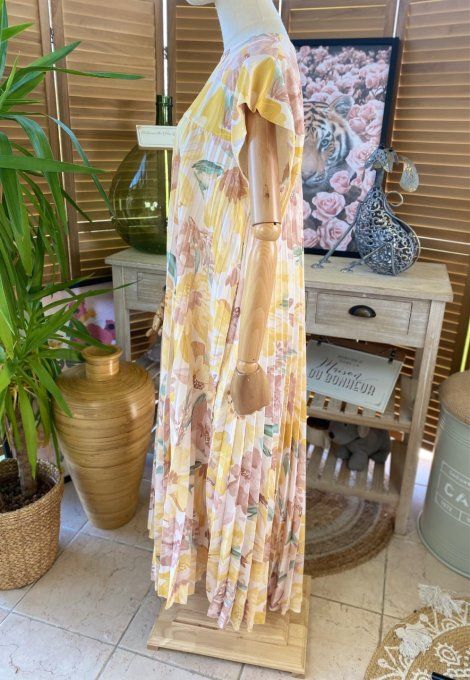 Robe ample longue plissée manches courtes Fleurs Printanières tons jaunes du 38 au 48/50