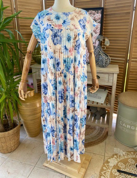 Robe ample longue plissée manches courtes Fleurs Printanières tons bleus du 38 au 48/50