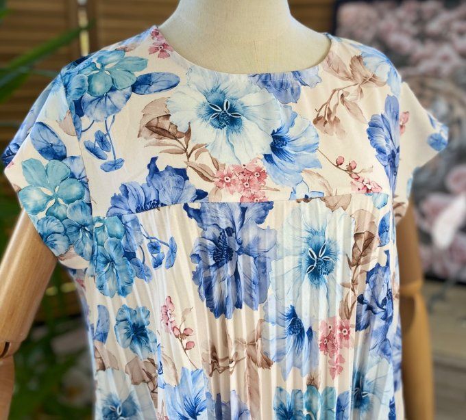 Robe ample longue plissée manches courtes Fleurs Printanières tons bleus du 38 au 48/50