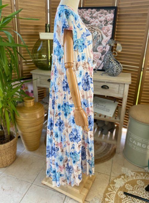 Robe ample longue plissée manches courtes Fleurs Printanières tons bleus du 38 au 48/50