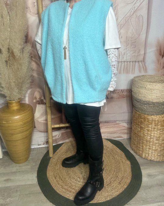 Veste sans manches façon laine bouillie bleu ciel chiné du 40 au 50/52 