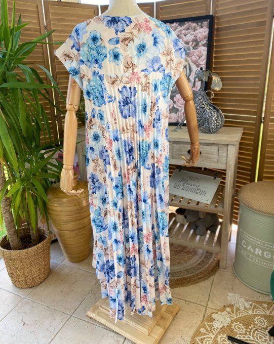 Robe ample longue plissée manches courtes Fleurs Printanières tons bleus du 38 au 48/50