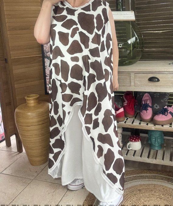 Maxi-tunique asymétrique imprimée cow choco et crème du 40 au 48/50 