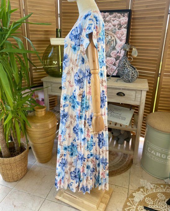 Robe ample longue plissée manches courtes Fleurs Printanières tons bleus du 38 au 48/50